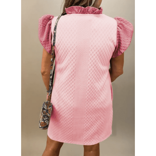 REDUCED!!! Stephie Light Pink Textured Puff Sleeve Ruffled V Neck Shift Mini Dress REDUCED!!!
