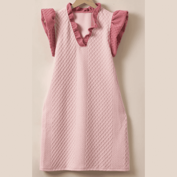 REDUCED!!! Stephie Light Pink Textured Puff Sleeve Ruffled V Neck Shift Mini Dress REDUCED!!!