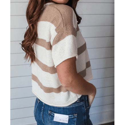Dellah Khaki Stripe Dropped Short Sleeve Lightweight Knitted Top