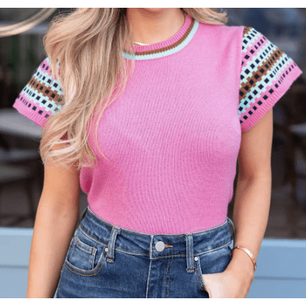 REDUCED!!! Blanca Bright Pink Contrast Printed Cap Sleeves Crewneck Sweater REDUCED!!!