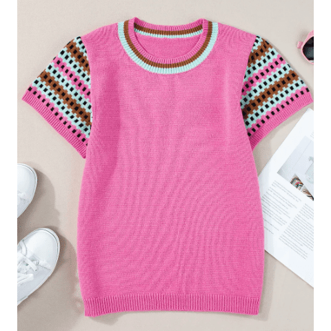 REDUCED!!! Blanca Bright Pink Contrast Printed Cap Sleeves Crewneck Sweater REDUCED!!!