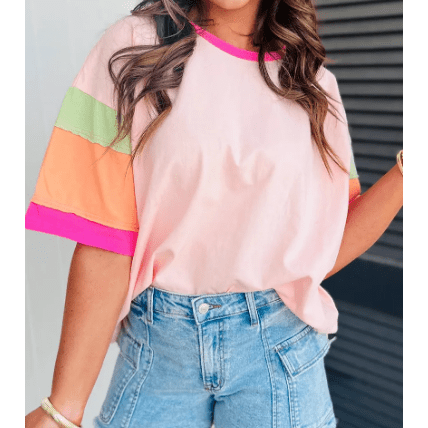 Bree Pink Color Block Stitching Sleeve Round Neck Oversize Top