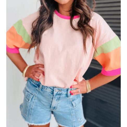 Bree Pink Color Block Stitching Sleeve Round Neck Oversize Top