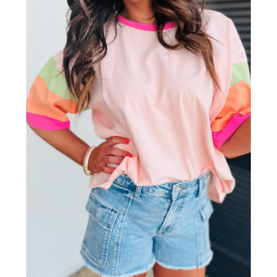 Bree Pink Color Block Stitching Sleeve Round Neck Oversize Top