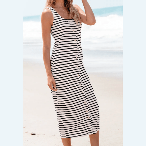 REDUCED!!! Lydie White Striped Print Sleeveless Buttoned Maxi Dress REDUCED!!!