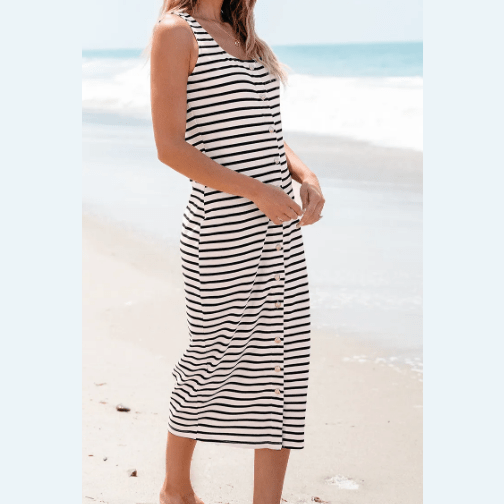 REDUCED!!! Lydie White Striped Print Sleeveless Buttoned Maxi Dress REDUCED!!!