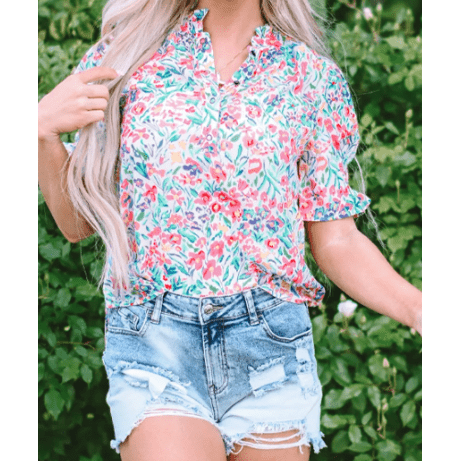 REDUCED!!! Khari Pink Floral Print Button Split Neck Puff Sleeve Blouse REDUCED!!!