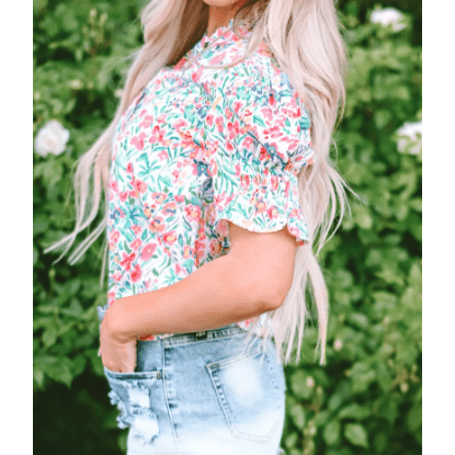 REDUCED!!! Khari Pink Floral Print Button Split Neck Puff Sleeve Blouse REDUCED!!!