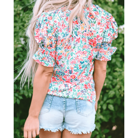REDUCED!!! Khari Pink Floral Print Button Split Neck Puff Sleeve Blouse REDUCED!!!