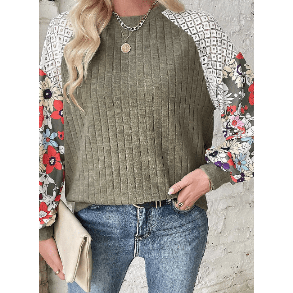 Jessenia Laurel Green Floral Patchwork Long Sleeve Ribbed Blouse