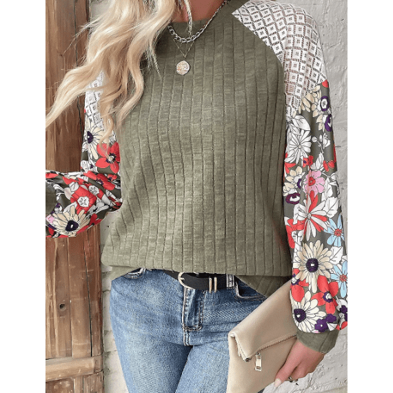 Jessenia Laurel Green Floral Patchwork Long Sleeve Ribbed Blouse