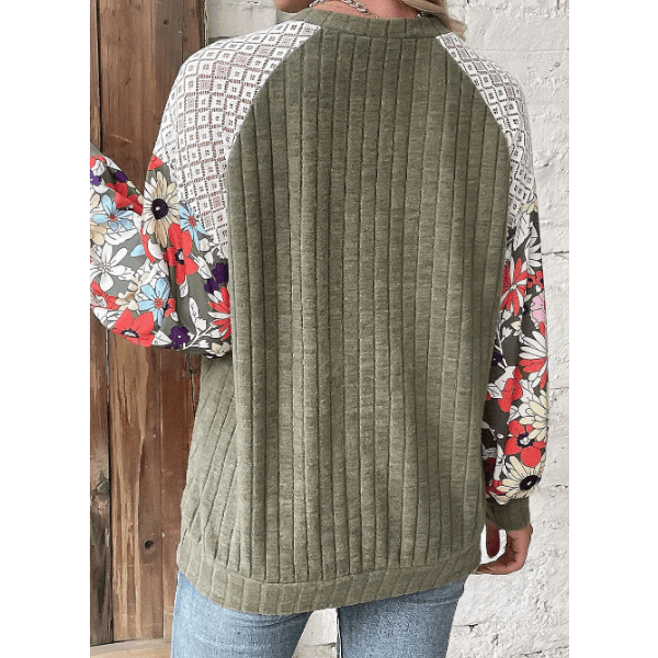 Jessenia Laurel Green Floral Patchwork Long Sleeve Ribbed Blouse