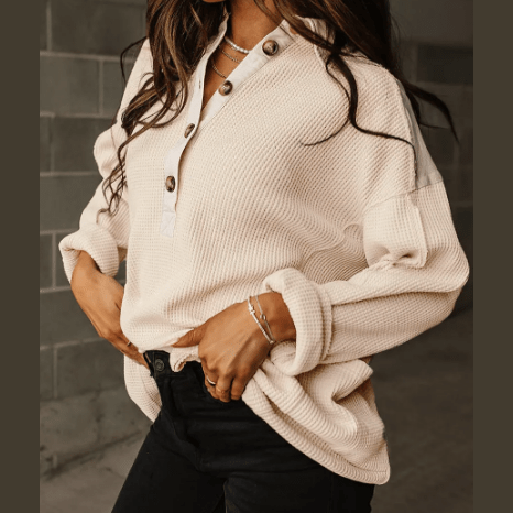 Izzy Cream Waffle Long Sleeve Collar Half Button Loose Top
