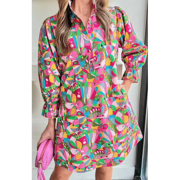 REDUCED!!! Hester Pink Abstract Printed Lantern Sleeve Buttoned Mini Dress REDUCED!!!