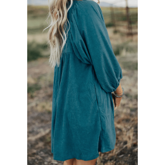 REDUCED!!! Tabatha Blue Corduroy Snap Buttons Empire Waist Bracelet Sleeve Dress REDUCED!!!