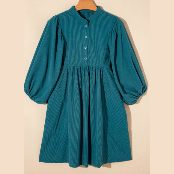 REDUCED!!! Tabatha Blue Corduroy Snap Buttons Empire Waist Bracelet Sleeve Dress REDUCED!!!