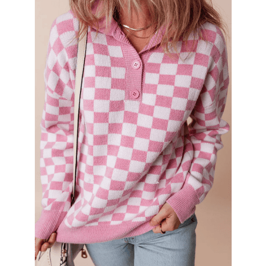 Janetta Pink Checkered Buttons Collar V Neck Drop Shoulder Sweater
