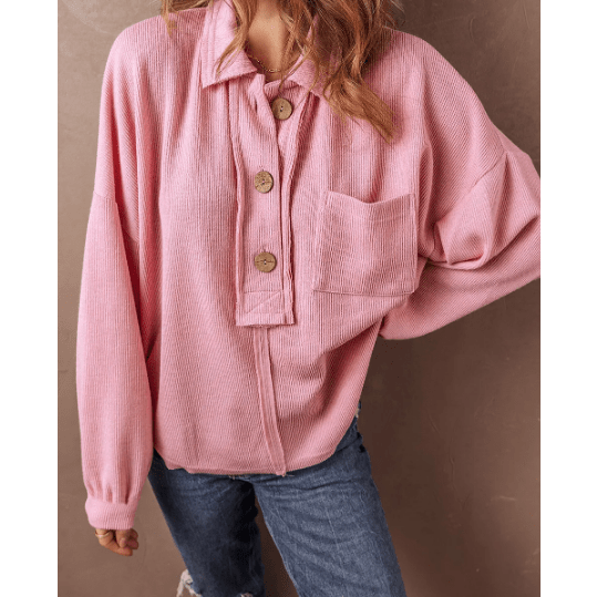 REDUCED!!!  Corinne Pink Ribbed Knit Collared Henley Top with Chest Pocket  REDUCED!!!