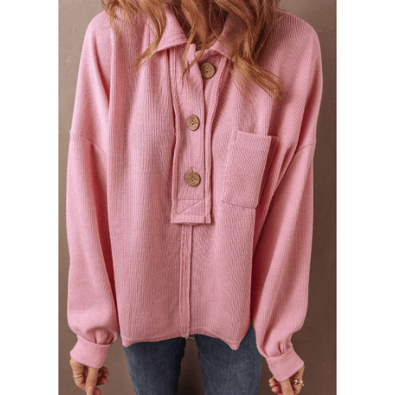 REDUCED!!!  Corinne Pink Ribbed Knit Collared Henley Top with Chest Pocket  REDUCED!!!