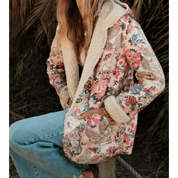 Shirl Vintage Paisley Floral Printed Sherpa Lined Hooded Jacket