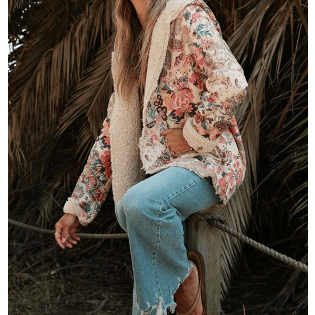 Shirl Vintage Paisley Floral Printed Sherpa Lined Hooded Jacket
