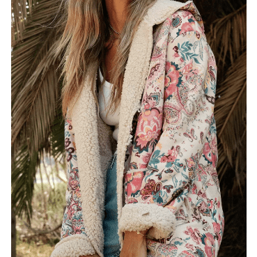 Shirl Vintage Paisley Floral Printed Sherpa Lined Hooded Jacket