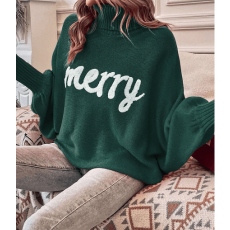 Green Merry Letter Embroidered High Neck Sweater