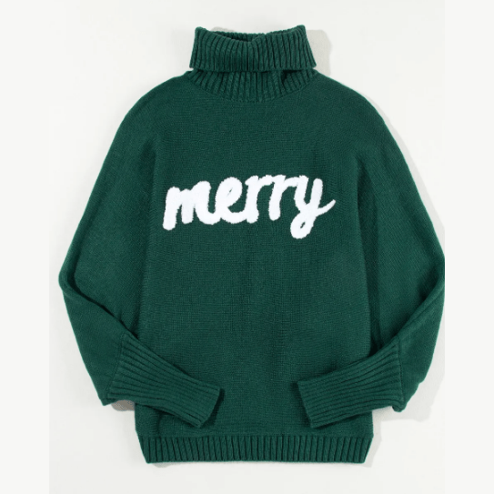 Green Merry Letter Embroidered High Neck Sweater