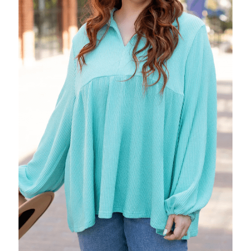Shanice Turquoise Corded Balloon Sleeve Collar PLUS Babydoll Top