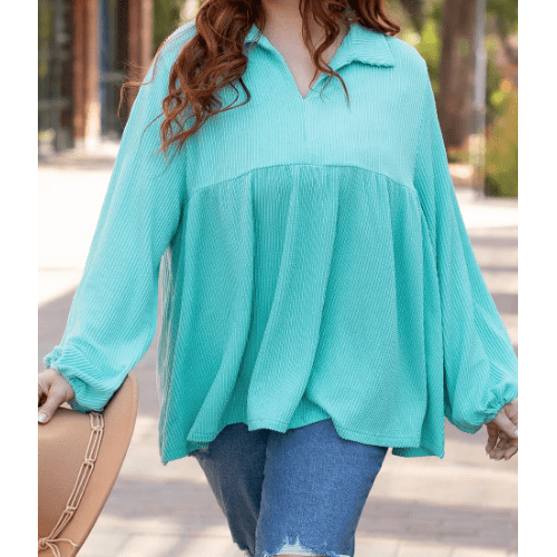 Shanice Turquoise Corded Balloon Sleeve Collar PLUS Babydoll Top