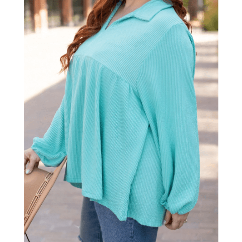 Shanice Turquoise Corded Balloon Sleeve Collar PLUS Babydoll Top