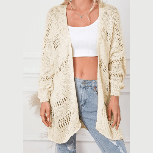 Elleigh Apricot Casual Hollowed Knit Dolman Sleeve Cardigan