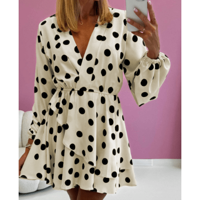 Allona Beige Polka Dot Printed Surplice V Neck Puff Sleeve Mini Dress
