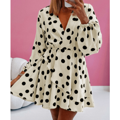 Allona Beige Polka Dot Printed Surplice V Neck Puff Sleeve Mini Dress