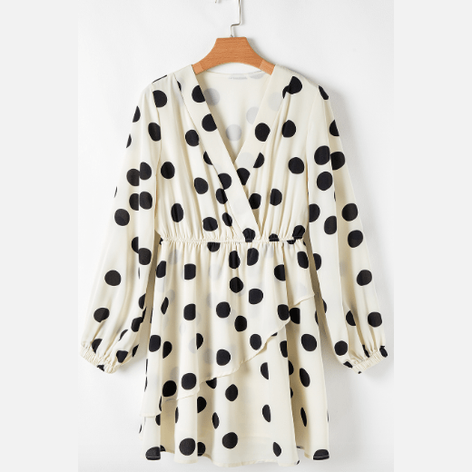 Allona Beige Polka Dot Printed Surplice V Neck Puff Sleeve Mini Dress