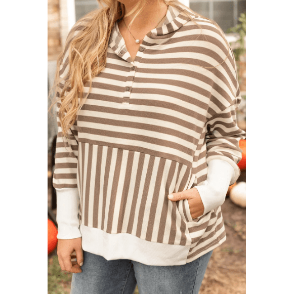 Cambee Brown Stripe Quarter Buttons Drop Sleeve Plus Size Hoodie