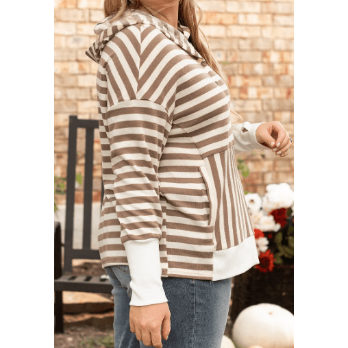 Cambee Brown Stripe Quarter Buttons Drop Sleeve Plus Size Hoodie