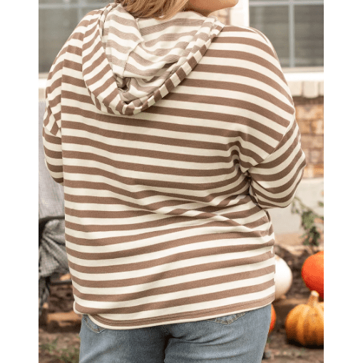 Cambee Brown Stripe Quarter Buttons Drop Sleeve Plus Size Hoodie