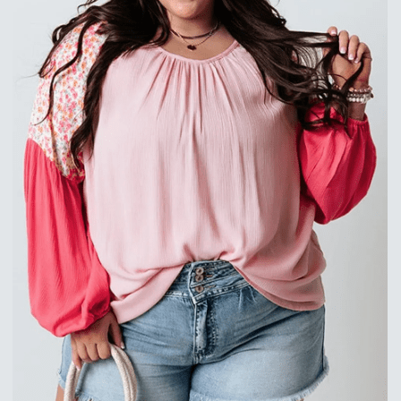 Luci Pink Contrast Floral Patchwork Long Sleeve Plus Size Blouse