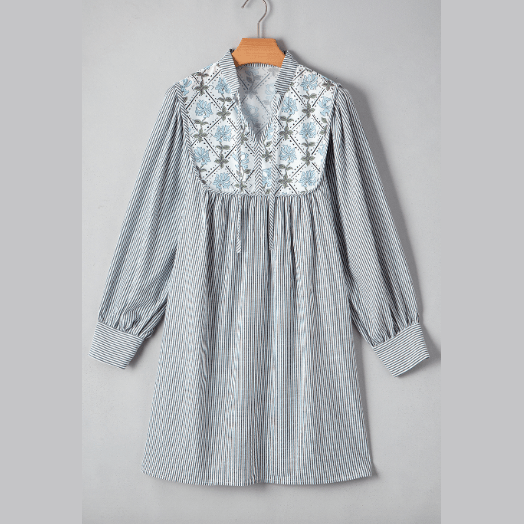 REDUCED!!! Erma Nell Black Stripe Floral Patchwork Tied V Neck Shift Long Sleeve Mini Dress REDUCED!!!