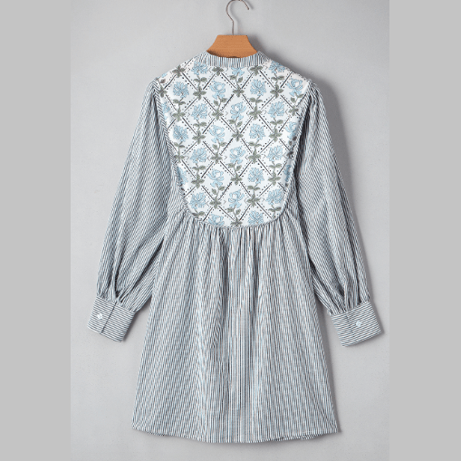 REDUCED!!! Erma Nell Black Stripe Floral Patchwork Tied V Neck Shift Long Sleeve Mini Dress REDUCED!!!