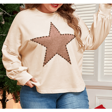 REDUCED!!! Uma Beige Star Shape Studded Crew Neck PLUS SIZE T Shirt REDUCED!!!