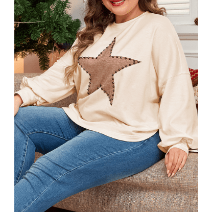 REDUCED!!! Uma Beige Star Shape Studded Crew Neck PLUS SIZE T Shirt REDUCED!!!