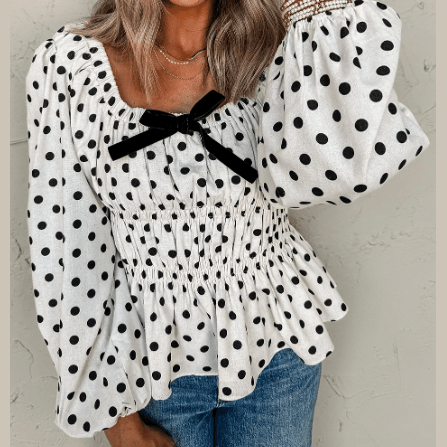 REDUCED!!! Terra Black Polka Dot Puff Sleeve Bow Square Neck Peplum Top REDUCED!!!