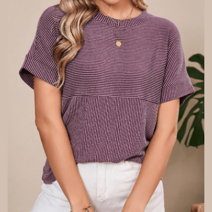 Nathalie Mauve Corded Knit Mock Neck T Shirt