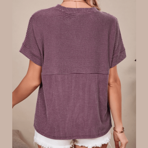 Nathalie Mauve Corded Knit Mock Neck T Shirt