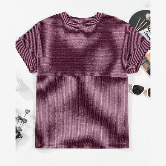 Nathalie Mauve Corded Knit Mock Neck T Shirt