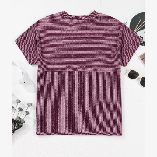 Nathalie Mauve Corded Knit Mock Neck T Shirt