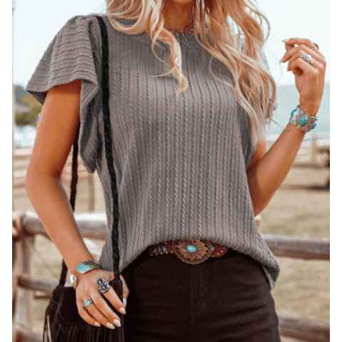 Arissa Grey Textured Flutter Sleeve Top