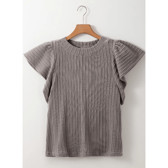 Arissa Grey Textured Flutter Sleeve Top